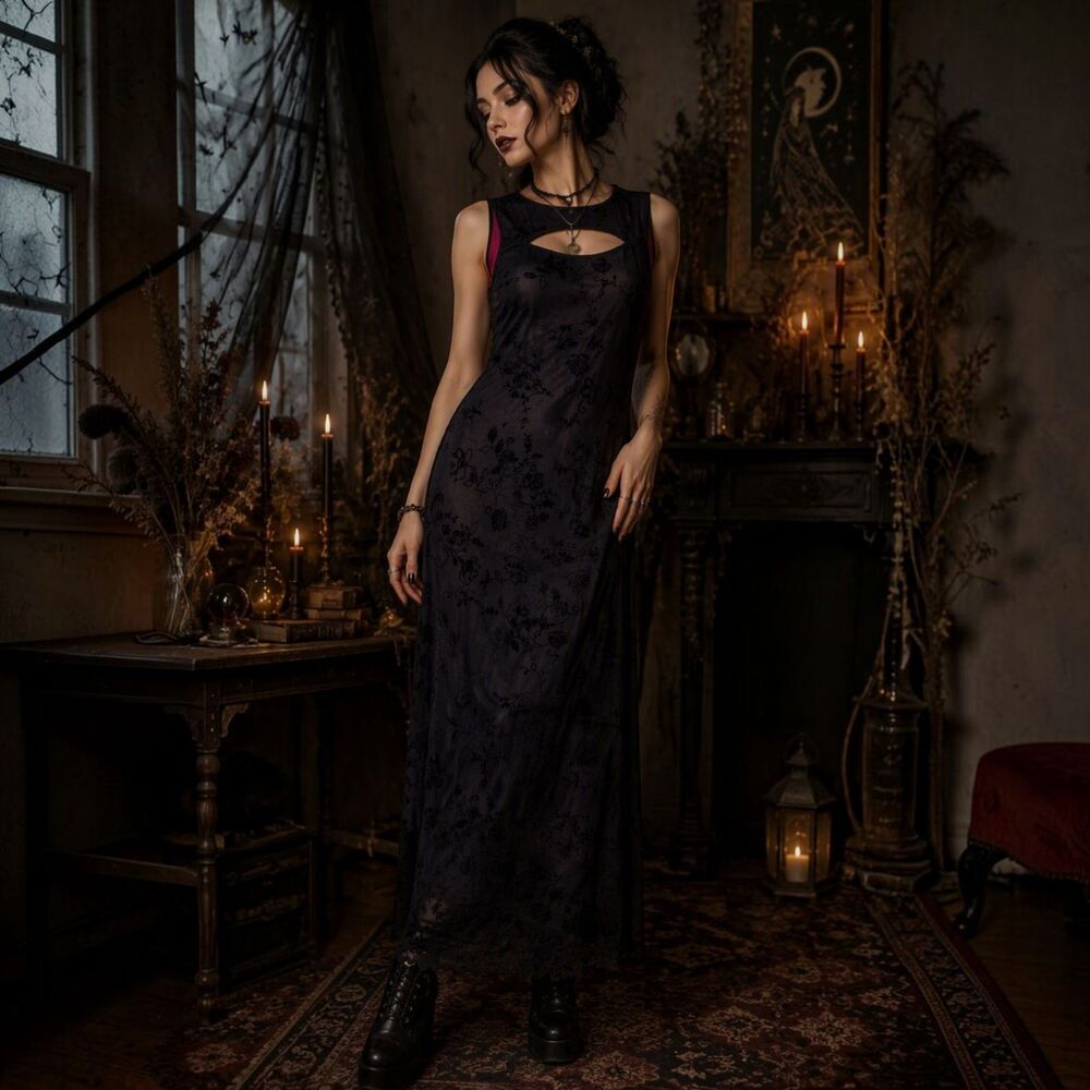 Cider Black Sheer Flocked Floral Maxi Dress Medium Whimsigoth Y2K Witchy Grunge